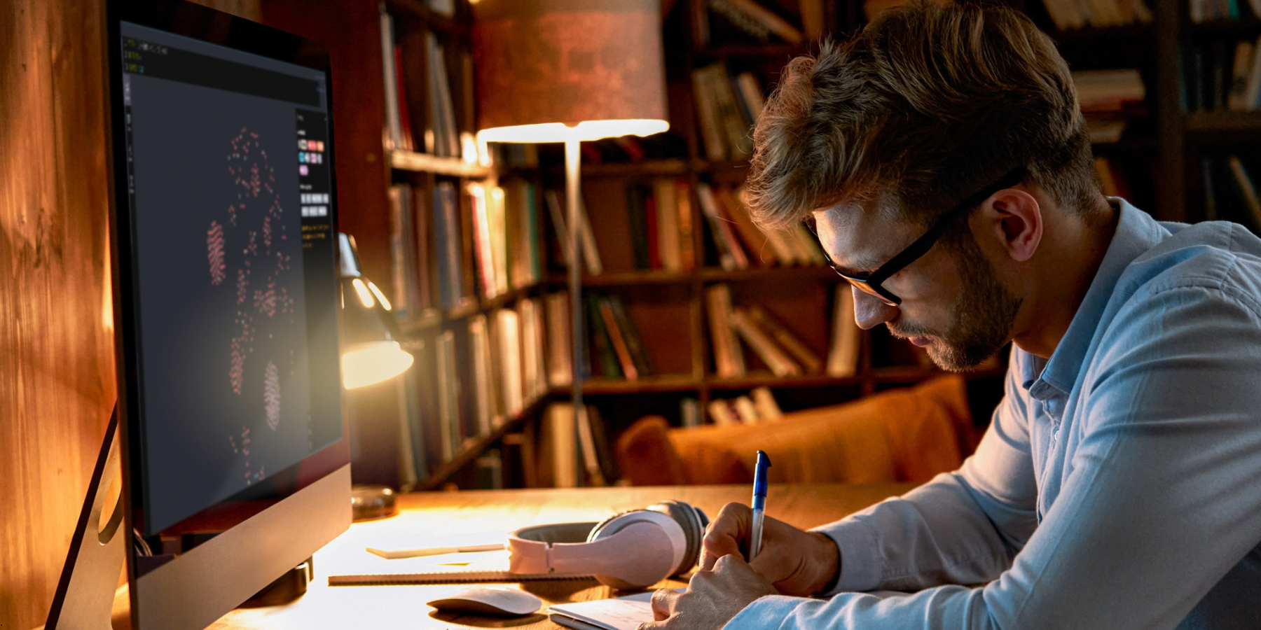 Person writing in a notebook while working on the screen Person writing in a notebook while working on the screen
