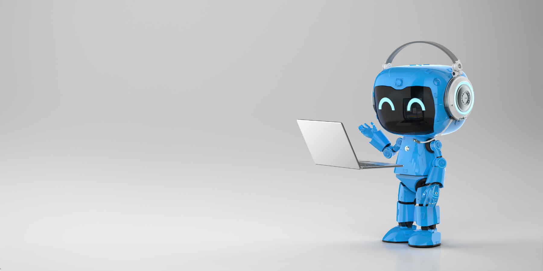 Image of a virtual blue AI chatbot standing at a laptop